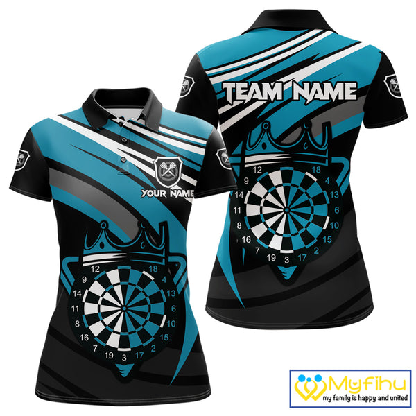Black & Turquoise Dartboard Crown Darts Shirt For Women Custom Darts Jersey Team Polo & 1/4 Zip TDM4795