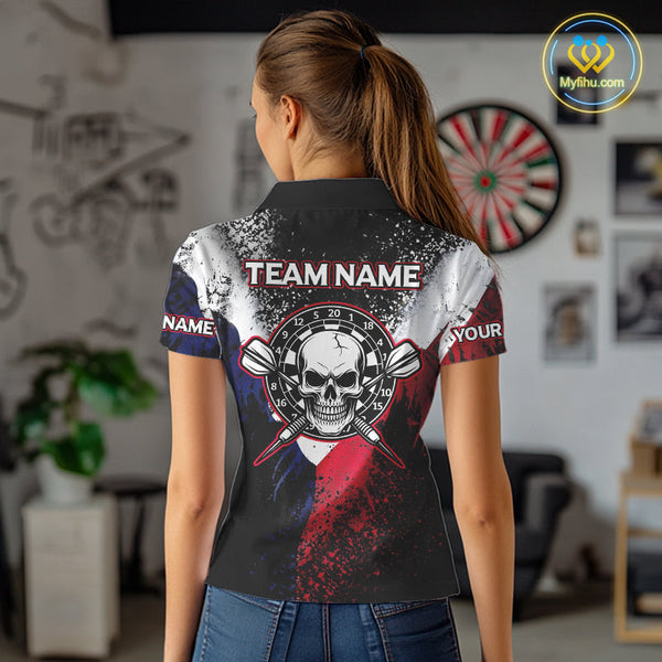 Custom Red, White And Blue Skull Darts Team Polo Shirts For Women, Dart Jerseys NYN0076