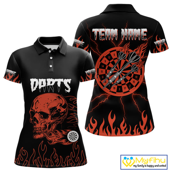 Custom Black And Red Flame Skull Darts Women Polo Shirts, Thunder Lightning Dart Jerseys NYN0085