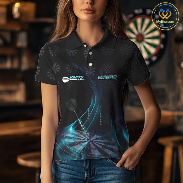 Custom Black Blue Dartboard Neon Effect Darts Polo Shirts For Women, Dart Jerseys NYN0692