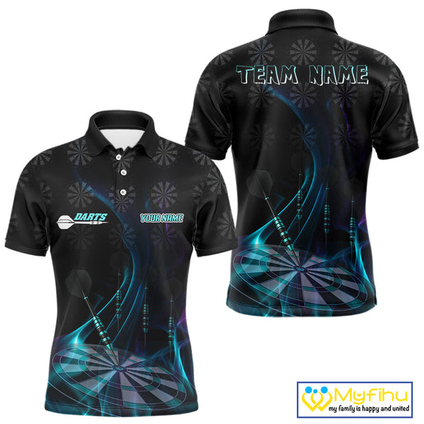 Custom Black Blue Dartboard Neon Effect Darts Polo Shirts For Men, Dart Jerseys NYN0692