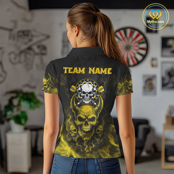 Custom Yellow Smoke Skull Darts Team Women Polo Shirts, Halloween Dart Outfit NYN0086