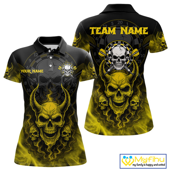 Custom Yellow Smoke Skull Darts Team Women Polo Shirts, Halloween Dart Outfit NYN0086