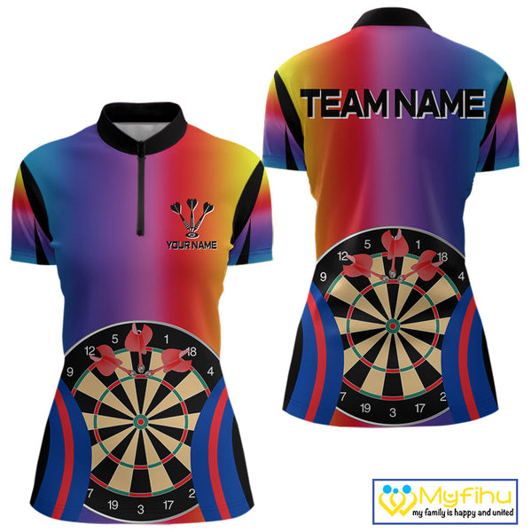 Custom Colorful Dartboard Darts Team Women Quarter-Zip Shirt, Dart League Shirt NYN0092