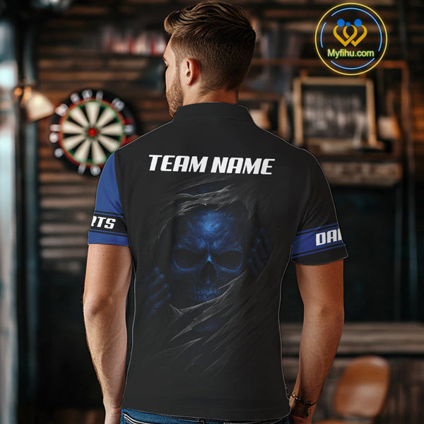 Custom Black Blue Skull Darts Polo Shirts For Men, Uk Flag Dart Jerseys NYN0701