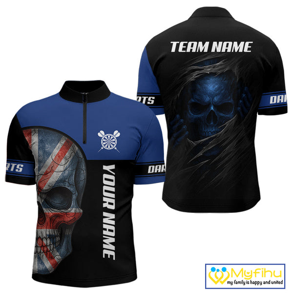 Custom Black Blue Skull Darts Quarter-Zip Shirts For Men, Uk Flag Dart Jerseys NYN0701