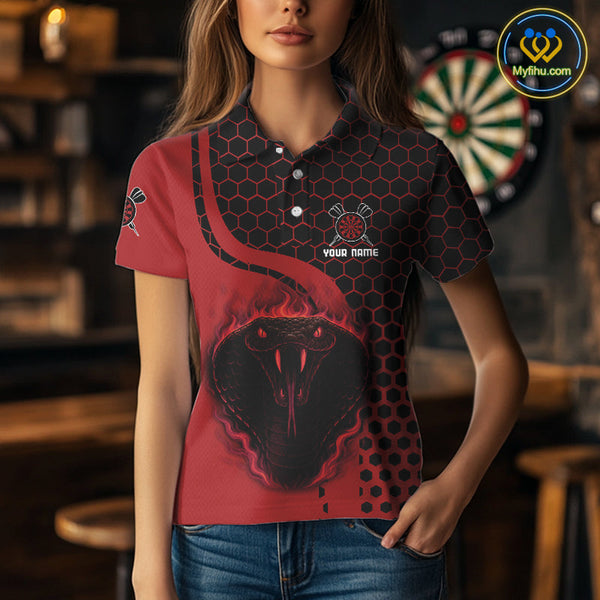 Custom Black And Red Flame Cobra Snake Darts Team Polo Shirts For Women, Dart Jerseys NYN0093