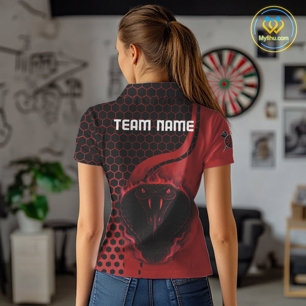 Custom Black And Red Flame Cobra Snake Darts Team Polo Shirts For Women, Dart Jerseys NYN0093