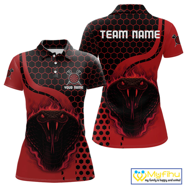 Custom Black And Red Flame Cobra Snake Darts Team Polo Shirts For Women, Dart Jerseys NYN0093