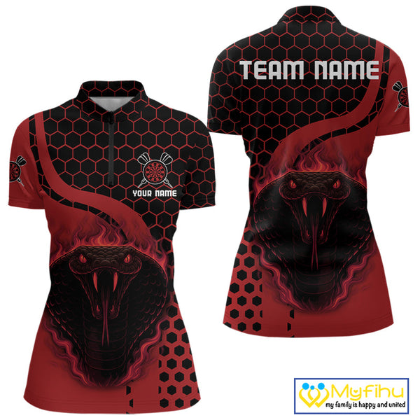 Custom Black And Red Flame Cobra Snake Darts Team Women Quarter-Zip Shirts, Dart Jerseys NYN0093