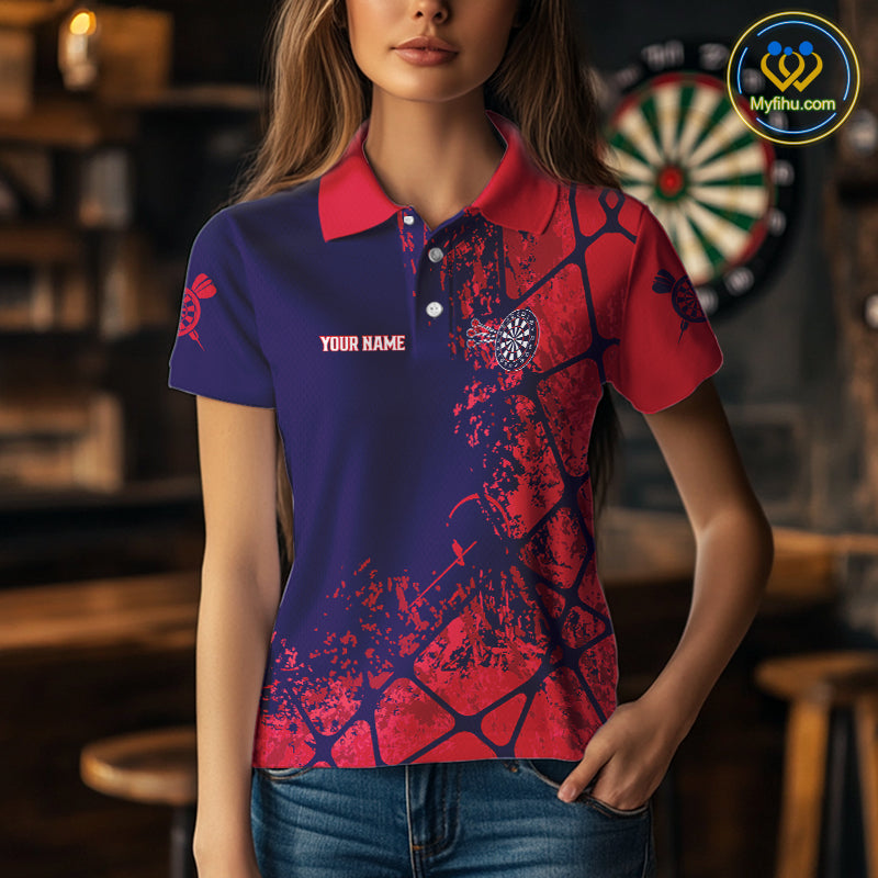 Custom Red And Blue Splatter Darts Team Polo Shirts For Women, Dart Jerseys NYN0098