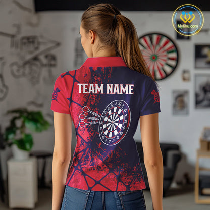 Custom Red And Blue Splatter Darts Team Polo Shirts For Women, Dart Jerseys NYN0098