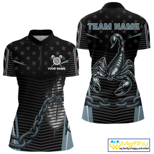 Custom US Flag Scorpion Dart Team Women Quarter-Zip Shirts, Patriotic Dart Team Jerseys NYN0454