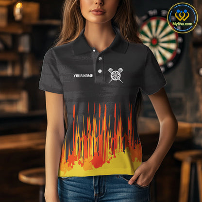 Custom Black, Orange And Yellow Lion Darts King Dart Polo Shirt For Women, Dart Team Shirt NYN0109