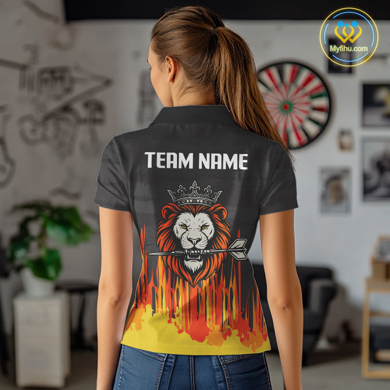 Custom Black, Orange And Yellow Lion Darts King Dart Polo Shirt For Women, Dart Team Shirt NYN0109