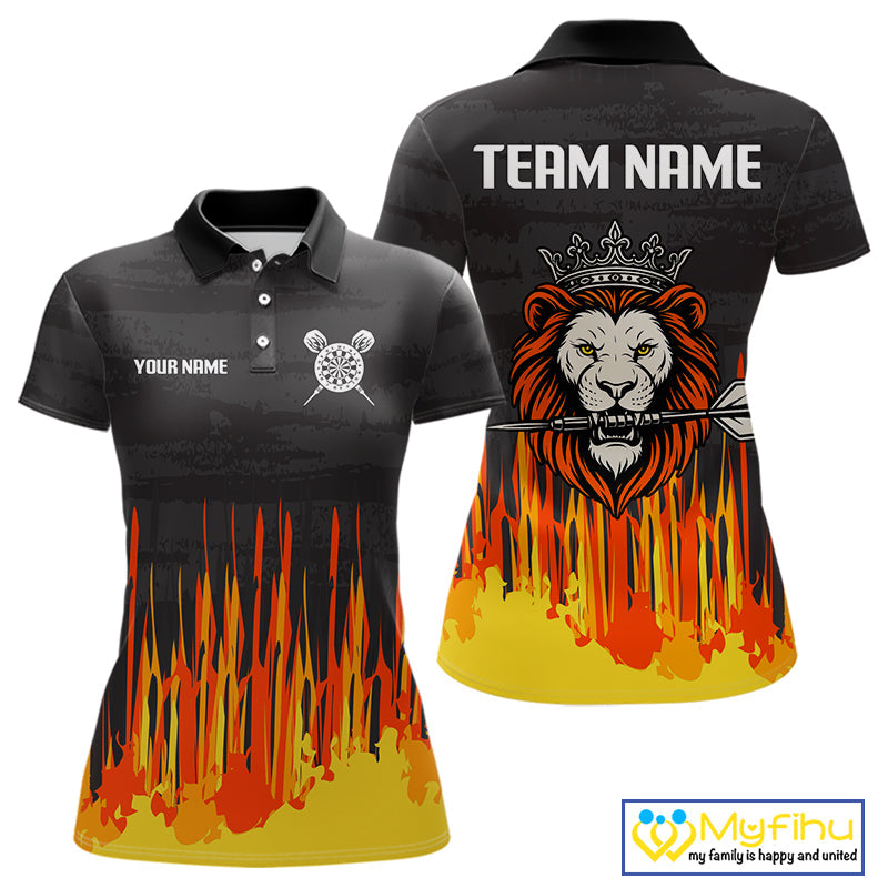 Custom Black, Orange And Yellow Lion Darts King Dart Polo Shirt For Women, Dart Team Shirt NYN0109
