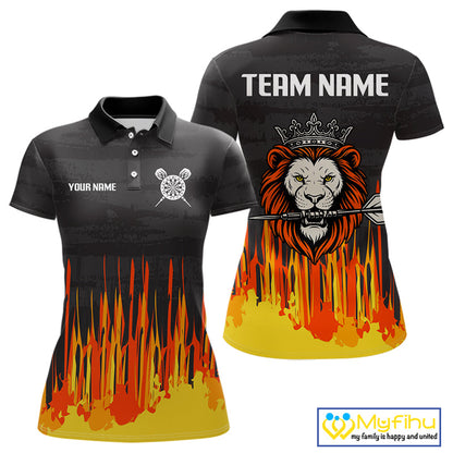 Custom Black, Orange And Yellow Lion Darts King Dart Polo Shirt For Women, Dart Team Shirt NYN0109