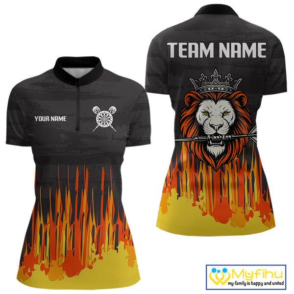 Custom Black, Orange And Yellow Lion Darts King Dart Women Quarter-Zip Shirt, Team Shirt NYN0109