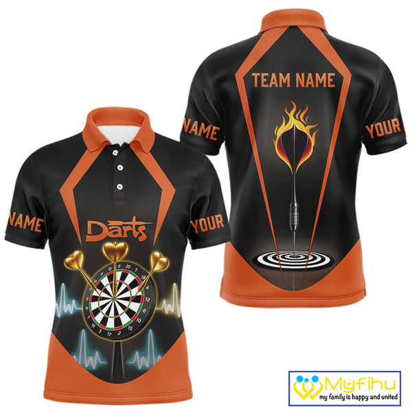 Custom Orange Flame Dart Polo Shirts For Men, Golden Hearts Darts Jerseys NYN0724