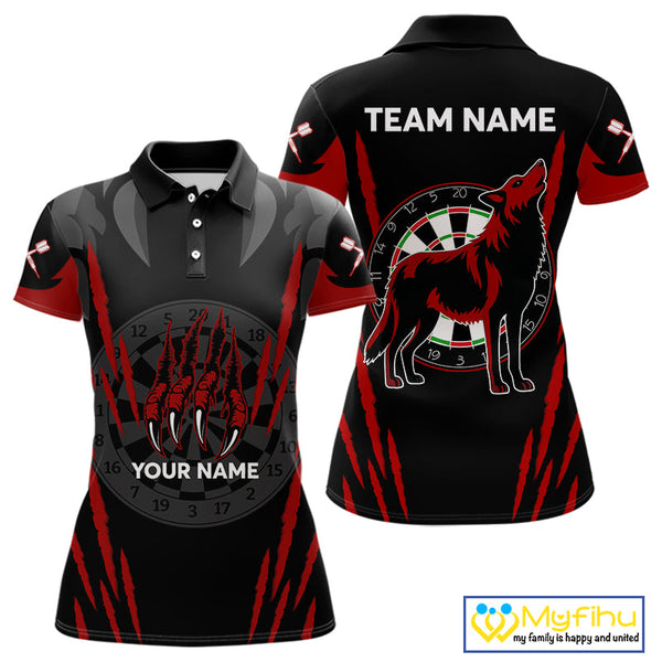 Custom Black And Red Wolf Darts Polo Shirts For Women, Dart Tournament Team Shirt NYN0241