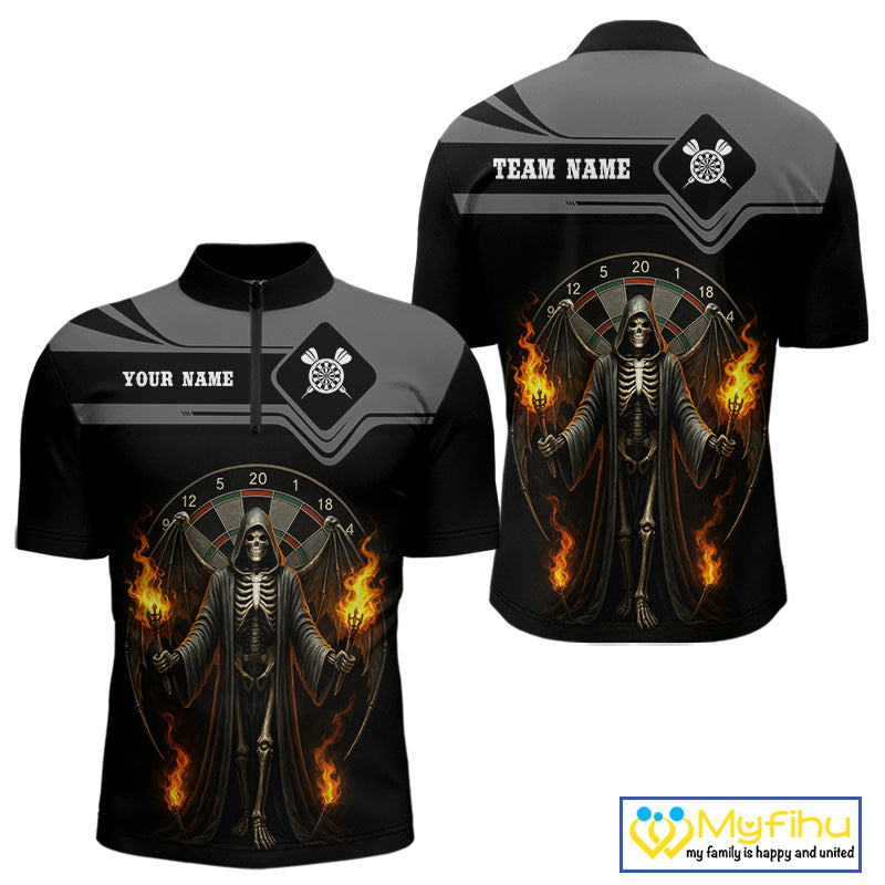 Custom Flame Grim Reaper Dart Quarter-Zip Shirt For Men, Halloween Dart Outfit NYN0493