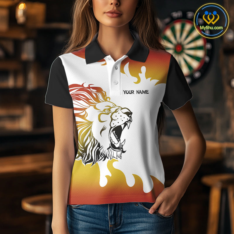 Custom Flame Trail Lion Dart Team Polo Shirt For Women, Lion Darts Jerseys NYN0246