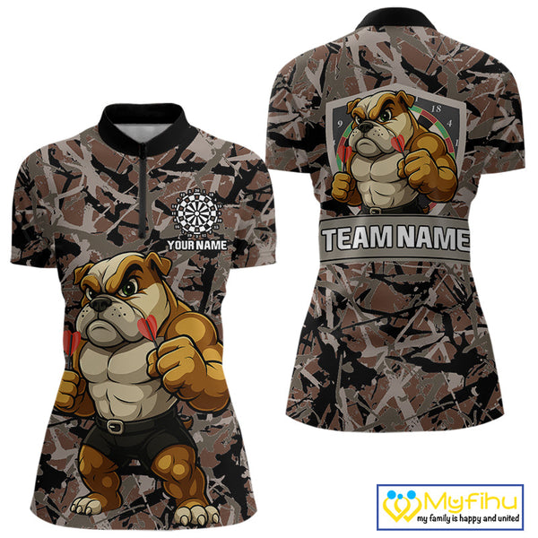 Custom Camouflage Funny Bulldog Dart Women Quarter-Zip Shirt, Dart Team Tournament Shirt NYN0504