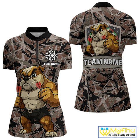 Custom Camouflage Funny Bulldog Dart Women Quarter-Zip Shirt, Dart Team Tournament Shirt NYN0504
