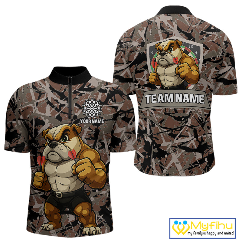 Custom Camouflage Funny Bulldog Dart Quarter-Zip Shirt For Men, Dart Team Tournament Shirt NYN0504