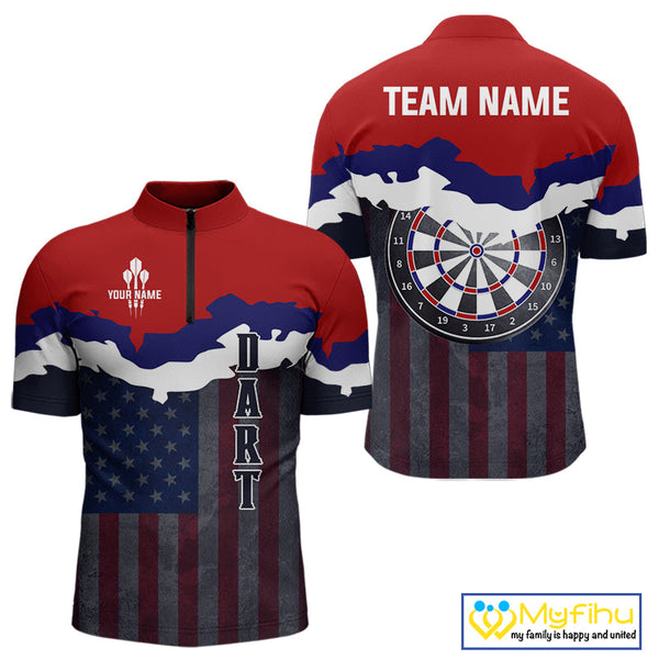 Custom Vintage US Flag Dart Patriotic Dart Team Men Quarter-Zip Shirts, Retro Dart Jerseys NYN0266