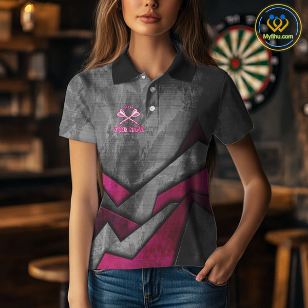 Custom Grunge Black And Pink Dog Dart Polo Shirt For Women, Dart League Shirt NYN0561