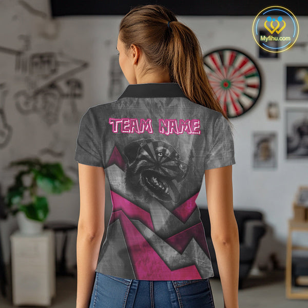 Custom Grunge Black And Pink Dog Dart Polo Shirt For Women, Dart League Shirt NYN0561