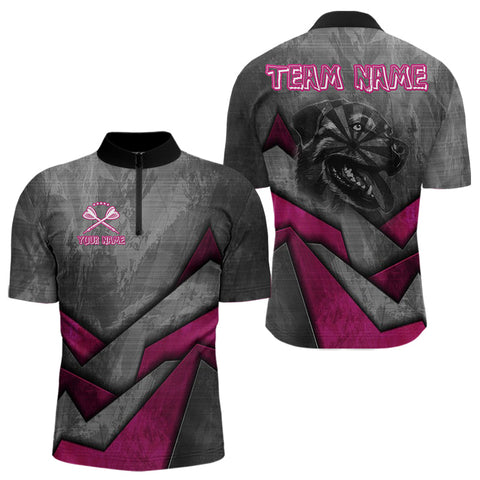 Custom Grunge Black And Pink Dog Dart Quarter-Zip Shirt For Men, Dart League Shirt NYN0561