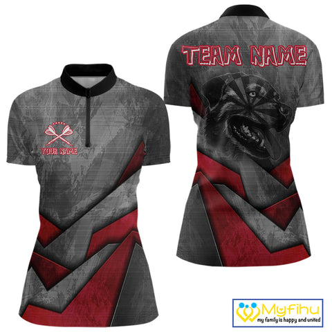 Custom Grunge Black And Red Dog Dart Quarter-Zip Shirt For Women, Dart League Shirt NYN0562