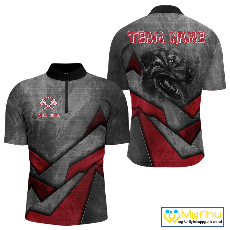 Custom Grunge Black And Red Dog Dart Quarter-Zip Shirt For Men, Dart League Shirt NYN0562