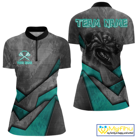 Custom Grunge Black And Blue Dog Dart Quarter-Zip Shirt For Women, Dart League Shirt NYN0563