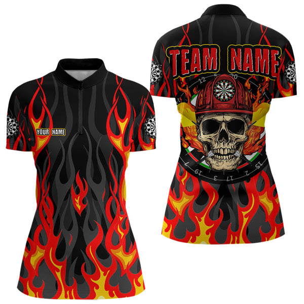 Custom Black And Red Flame Skull Firefighter Darts Women Quarter-Zip Shirt, Dart Jerseys NYN0003
