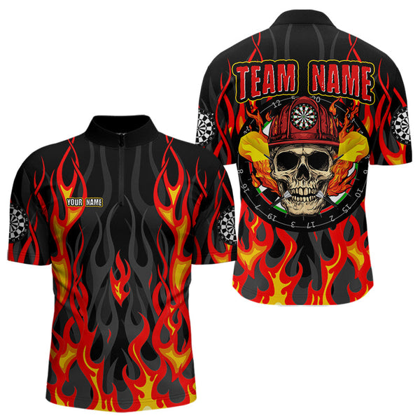 Custom Black And Red Flame Skull Firefighter Darts Quarter-Zip Team Shirts For Men, Dart Jerseys NYN0003