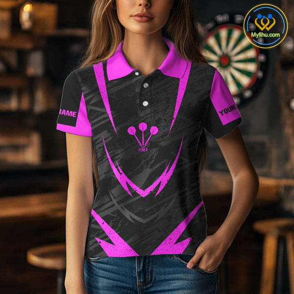 Custom Black And Pink Skull Darts Jersey, Skull And Wings Dart Polo Shirts For Women NYN0324