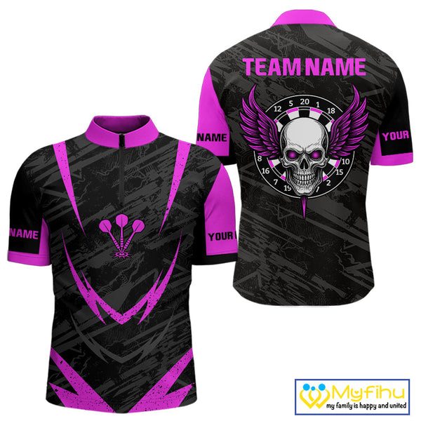 Custom Black And Pink Skull Darts Jersey, Skull And Wings Dart Quarter-Zip Shirts For Men NYN0324