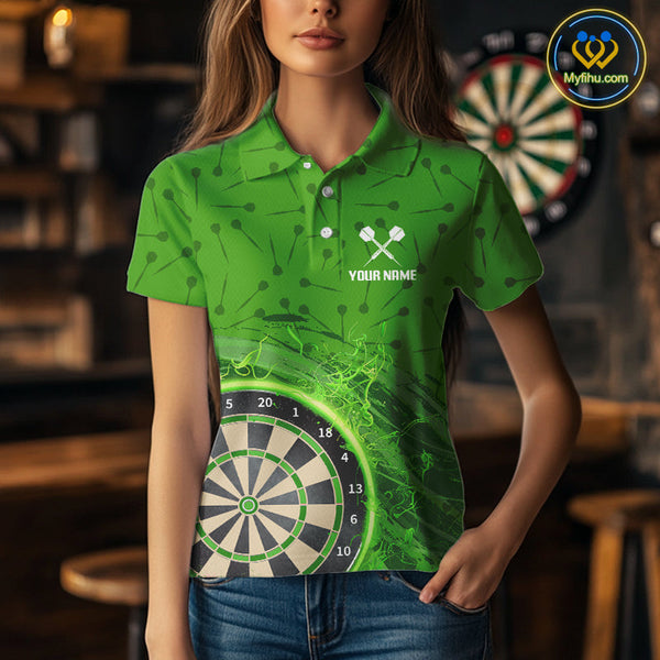 Custom Darts Pattern Green Fire Flame Dartboard Dart Polo Team Shirts For Women NYN0595