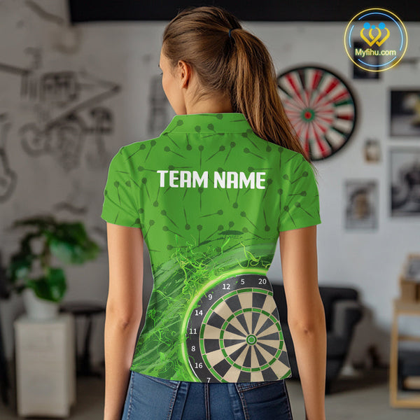 Custom Darts Pattern Green Fire Flame Dartboard Dart Polo Team Shirts For Women NYN0595