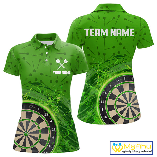 Custom Darts Pattern Green Fire Flame Dartboard Dart Polo Team Shirts For Women NYN0595