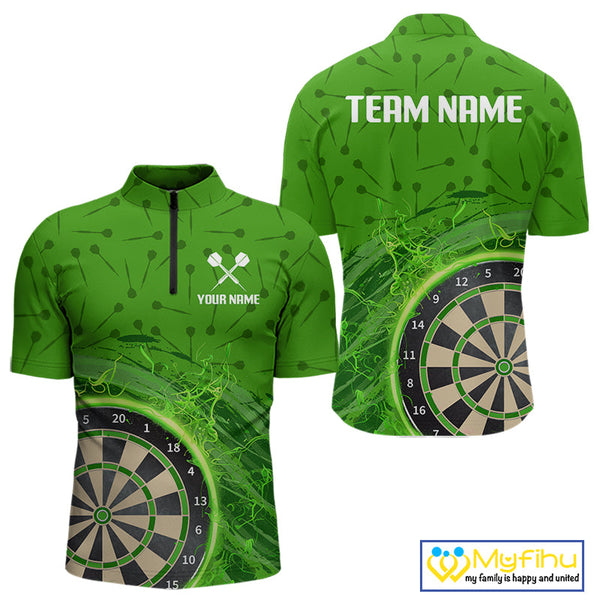Custom Darts Pattern Green Fire Flame Dartboard Dart Quarter-Zip Team Shirts For Men NYN0595