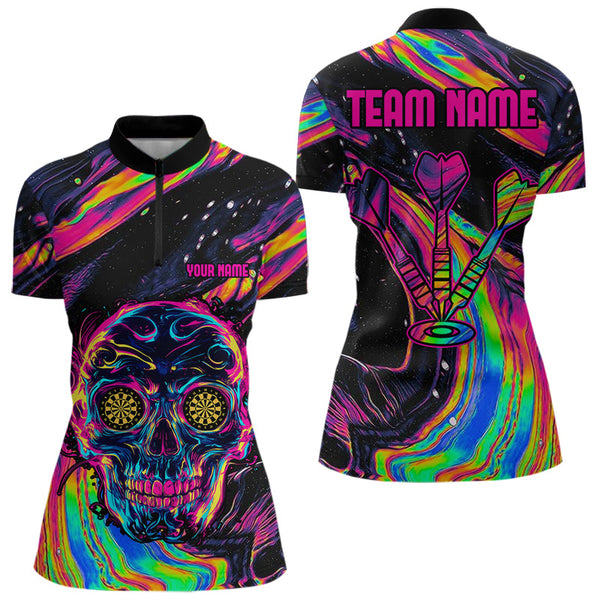 Custom Colorful Darts Skull Quarter-Zip Shirts For Women, Dart Team Uniform Dart Outfit NYN0020