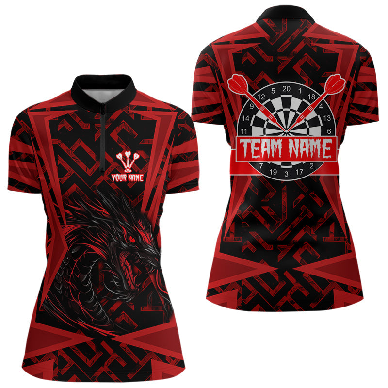 Custom Black And Red Dragon Darts Jerseys, Dart Team Women Quarter-Zip Dart League Shirt NYN0029