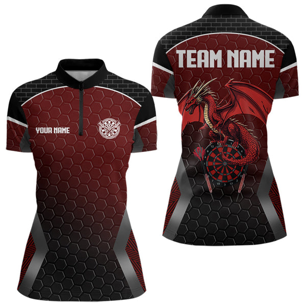 Custom Black And Red Dragon Darts Jerseys, Dart Team Women Quarter-Zip Dart League Shirt NYN0031