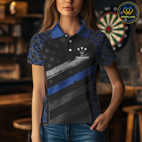Custom Black And Blue Camo US Flag Patriotic Dart Team Women Polo Shirts With Name NYN0360