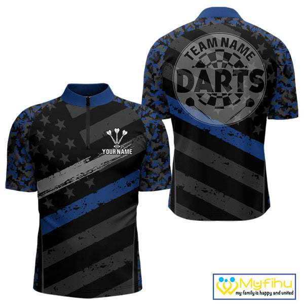 Custom Black And Blue Camo US Flag Patriotic Dart Team Men Quarter-Zip Shirts With Name NYN0360