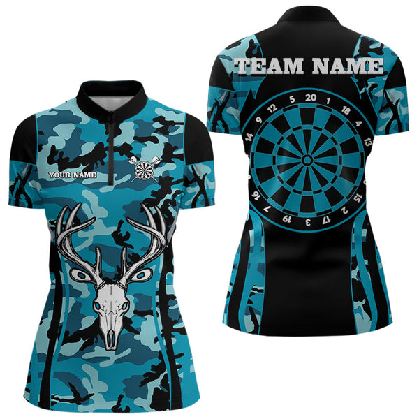 Custom Deer Hunting Blue Camouflage Dart Team Quarter-Zip Shirts For Women, Dart Jerseys NYN0037